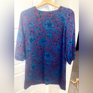 NWT $130 ANN TAYLOR Blue and Wine Floral Print A-Line Mini Dress 10 Petite